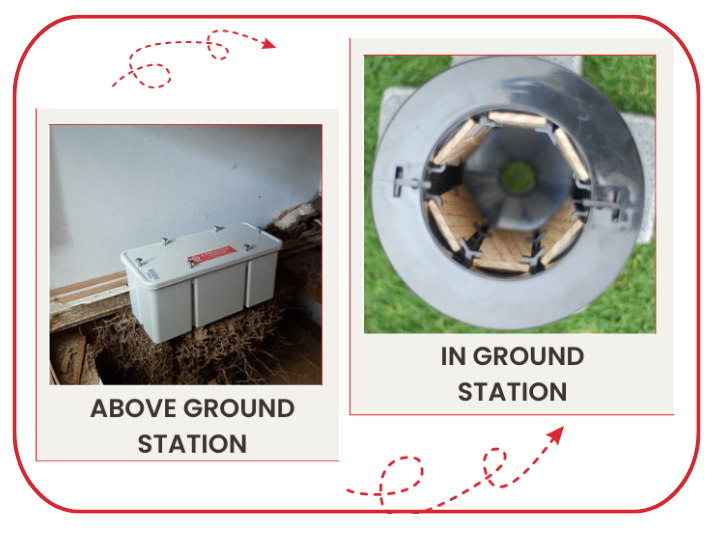 Illustration of above-ground and in-ground termite bait stations for effective termite colony elimination in Singapore.